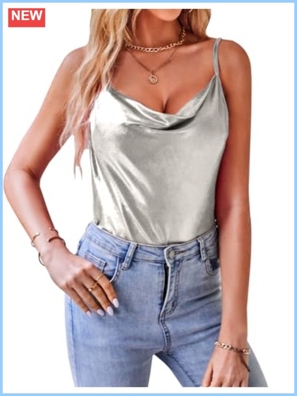 Women Sparkly Cowl Neck Camisole Tank Top Disco Party Sleeveless